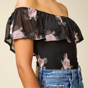 Band of Gypsies Embroidered Floral Off the Shoulder Bodysuit Black XS
